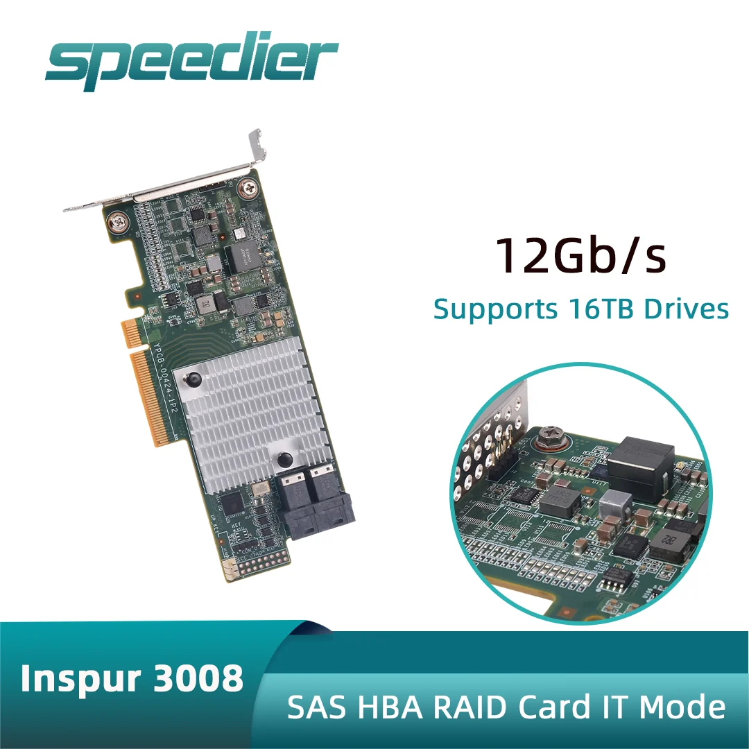 Inspur 3008 IT Mode HBA Card Pass-Through  12Gb/s with LSI 3008 SAS LSI3008 Chip, Supports 16TB Per Drive Single Compatibility
