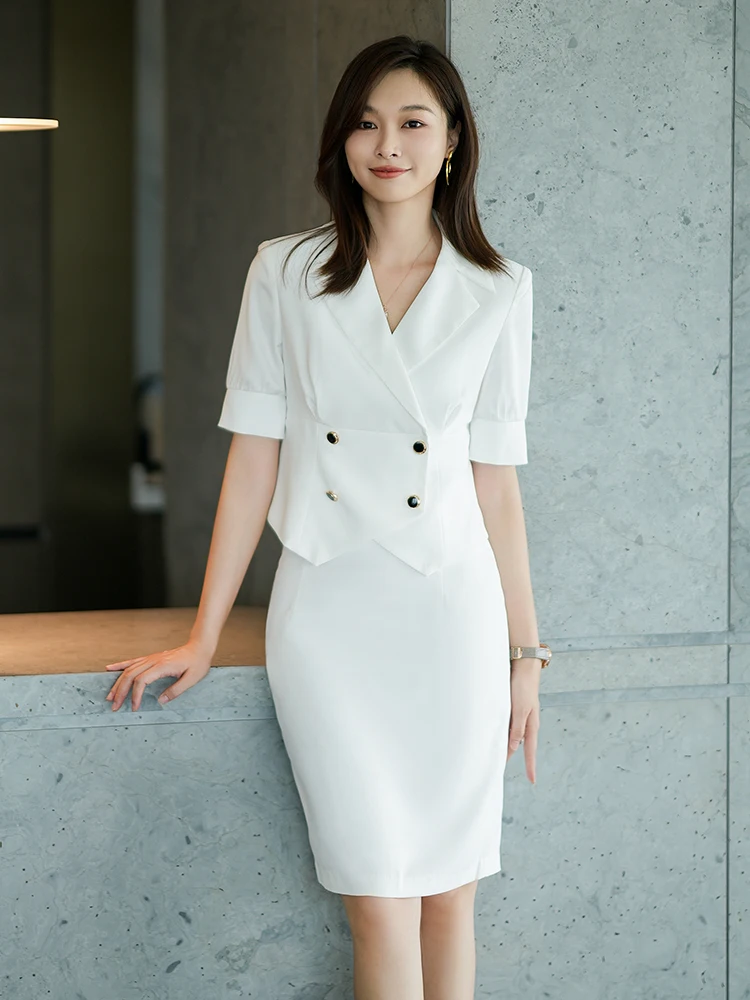 

White Suit Set for Women ort Sve Commute Sle Faionable Busin Outerwear And Skirt Two-Button Polyester Material
