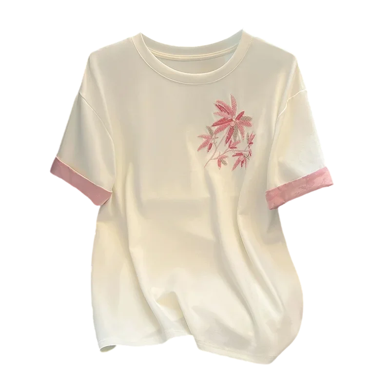 Camiseta de algodón de estilo chino para mujer, camisetas de verano de manga corta, Tops holgados para mujer, ropa bordada con cuello redondo Vintage, ventas