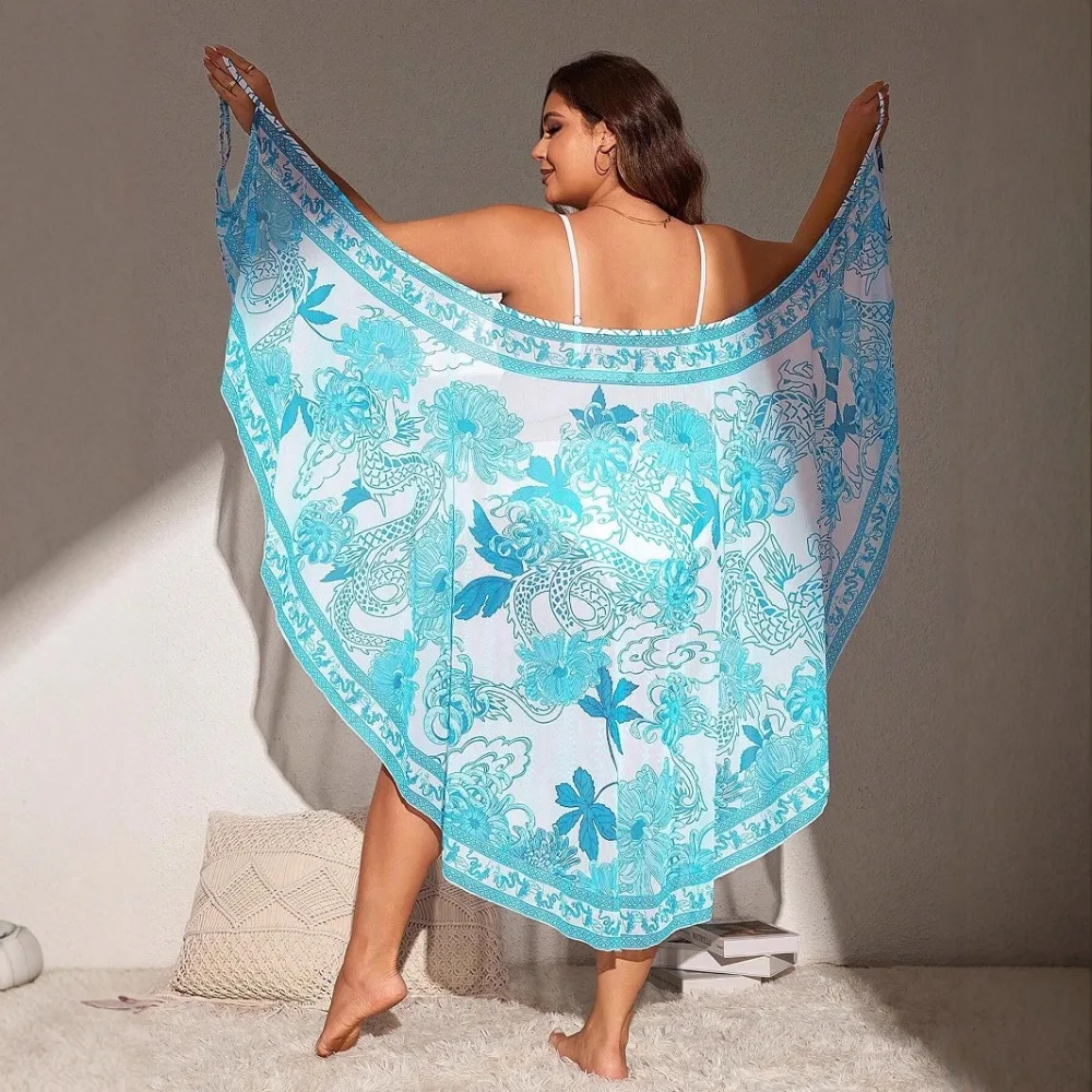Large Size Quick-drying Beach Blouse, Bikini Mesh Positioning Printing, One-piece Multi-wearing Sunscreen Vacation Skirt