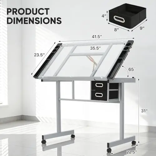 Professional Drafting Table for Adults Teens, Tilting Glass Tabletop Art Craft Desk Diamond Watercolor Paintings view 3