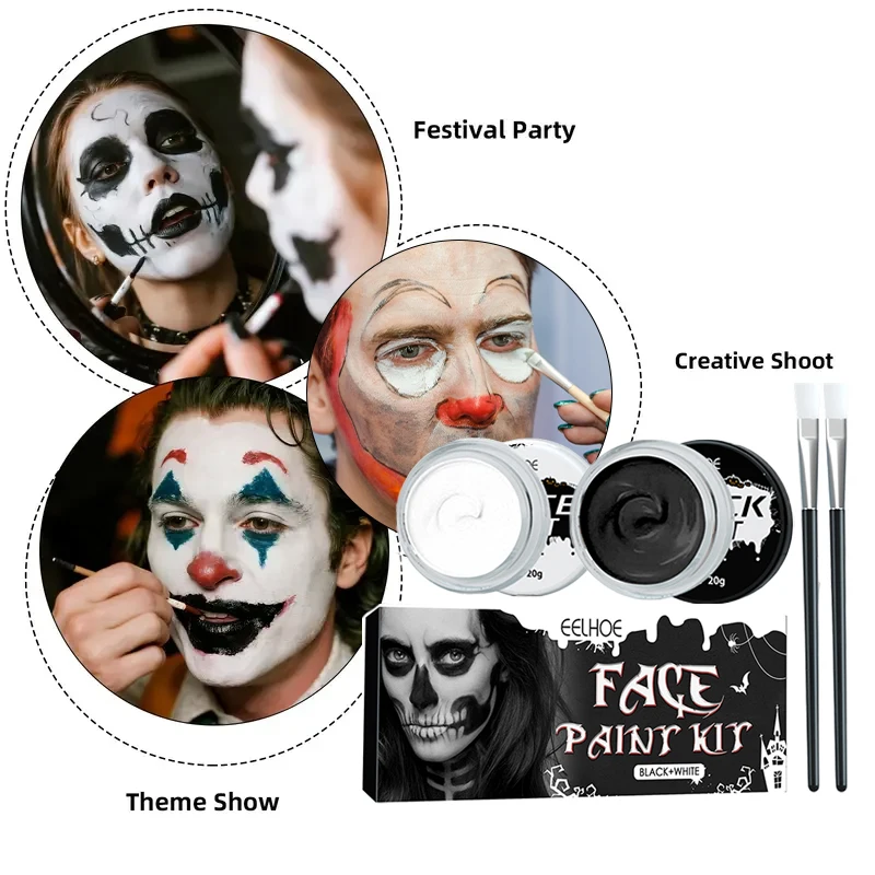 2개 블랙 화이트 할로윈 페이스 페인트 세트, 풍부한 색상, 고농도 색소 페이스 및 바디 페인트, 할로윈 캐릭터 역할극
