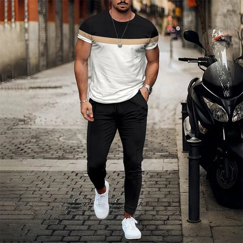 Summer Men's Striped Tracksuit Fashion Short Sleeve T-shirt Trousers Streetwear 2 Piece Set Men Outfits Casual Suit Sportswear