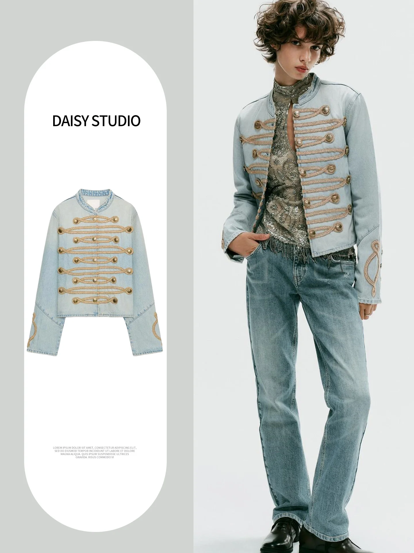 New Autumn Women's Commuter Style Long Sleeve round Neck Splice Button Decorated Denim Jacket Short Loose Polyester Fiber