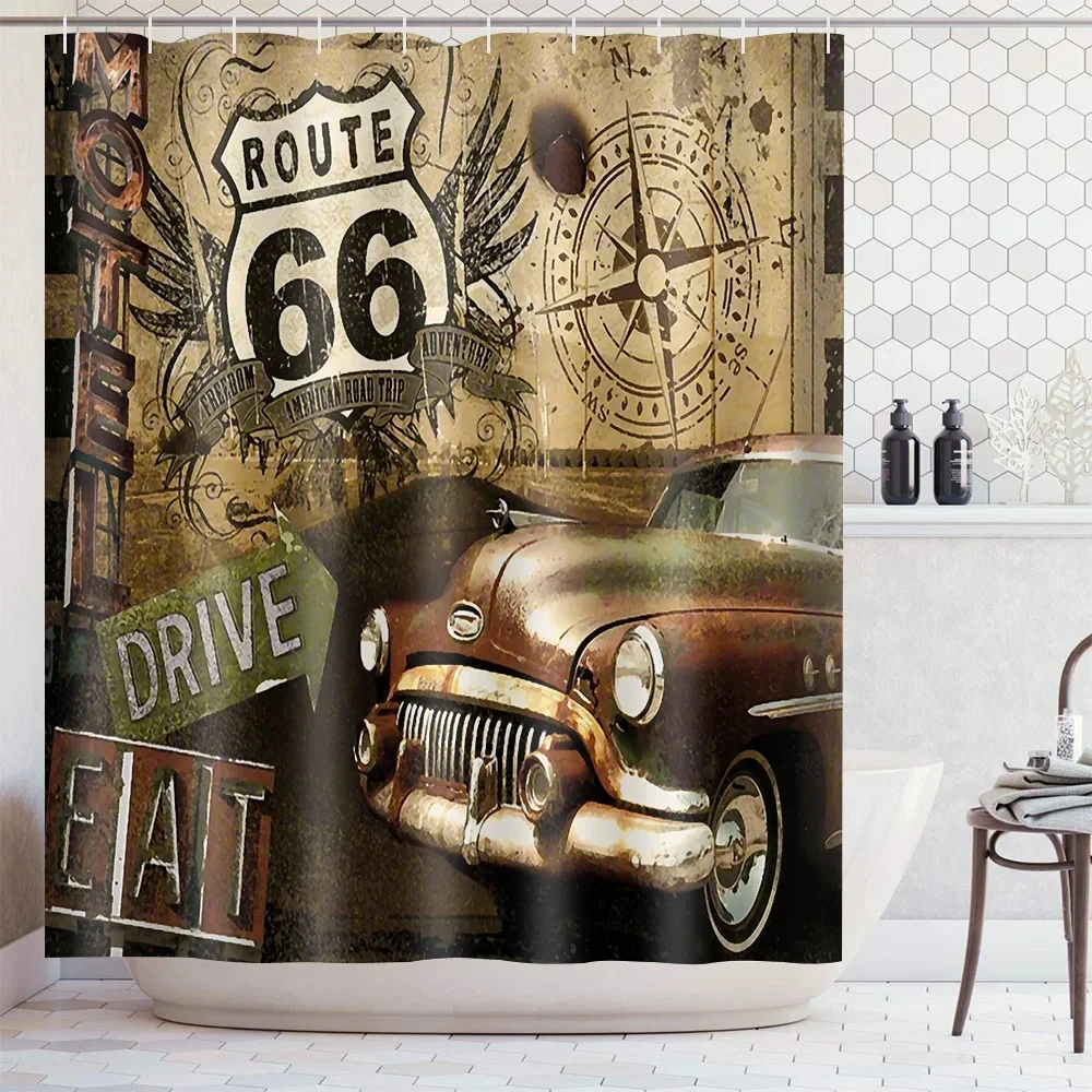 American 66 Route Shower Curtain Bathroom Waterproof Curtains Vintage Wooden Sexy Girl in The Bathroom Bath Screens with Hooks