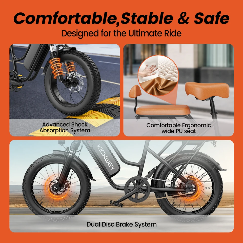 KICKWEY LD20 48V 20AH Fat Tire E-Bike | 1500W Peak Motor & 20x3.0" All-Terrain Tires | Double Seat Electric Bicycle for Adults, Women & Kids | Snow & Road Commuter Bike image 6