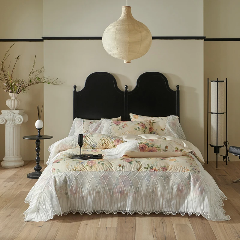 Vintage Rose Flowers Print Lace Princess Bedding Set Lyocell Soft Silky Duvet Cover Bed Sheet/Bed Skirt/Fitted Sheet Pillowcases