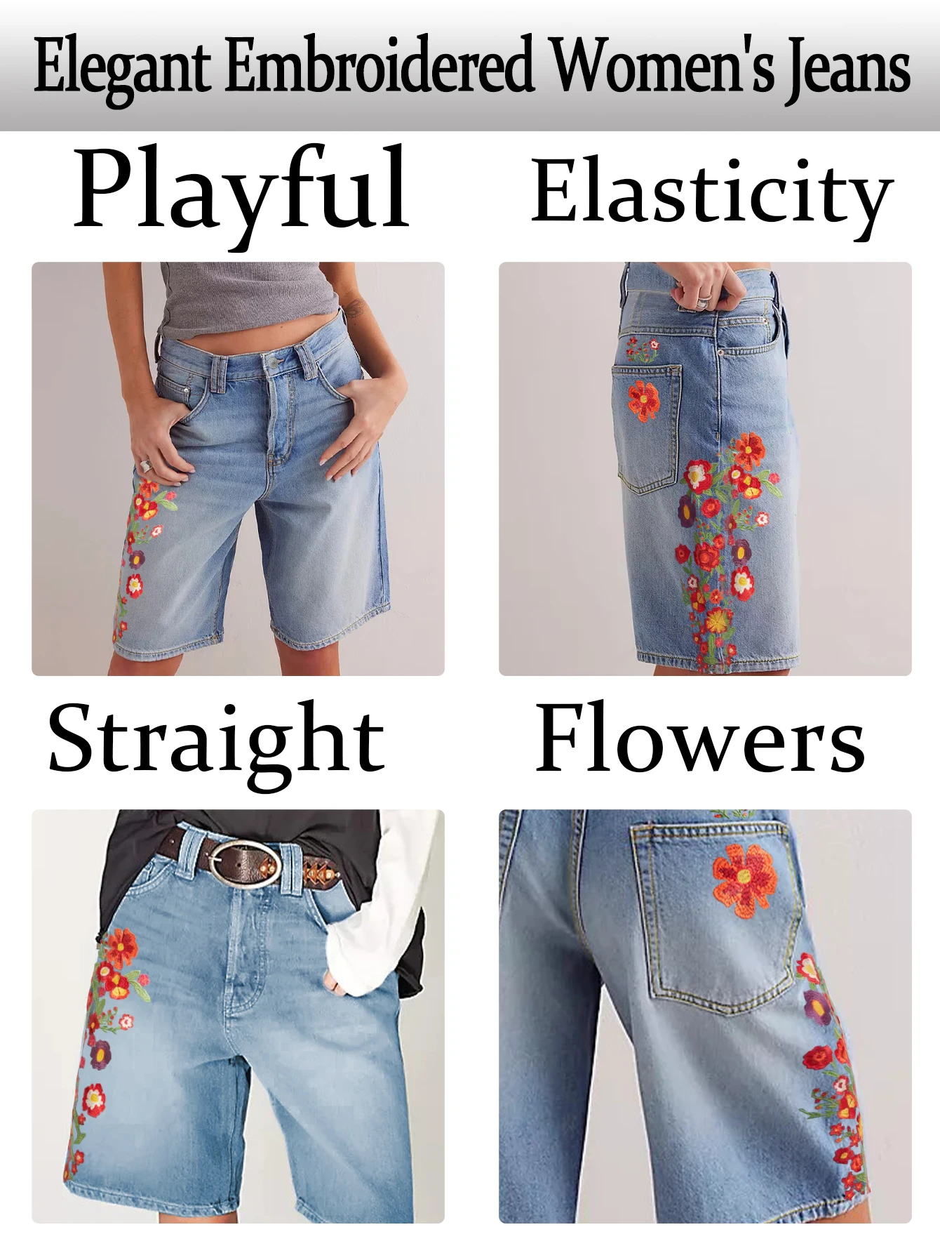 

Women's straight blue denim shorts Women's floral embroidered denim shorts Washed process Summer all-match denim shorts