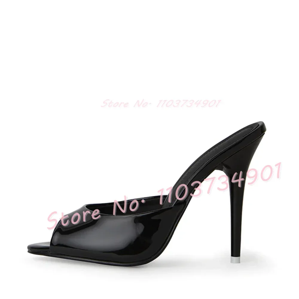 Sweet Pink Patent Leather High Heels Mules Women Fashion Solid Concise Peep Toe Slippers Lady Feminine Elegant Out Side Slippers