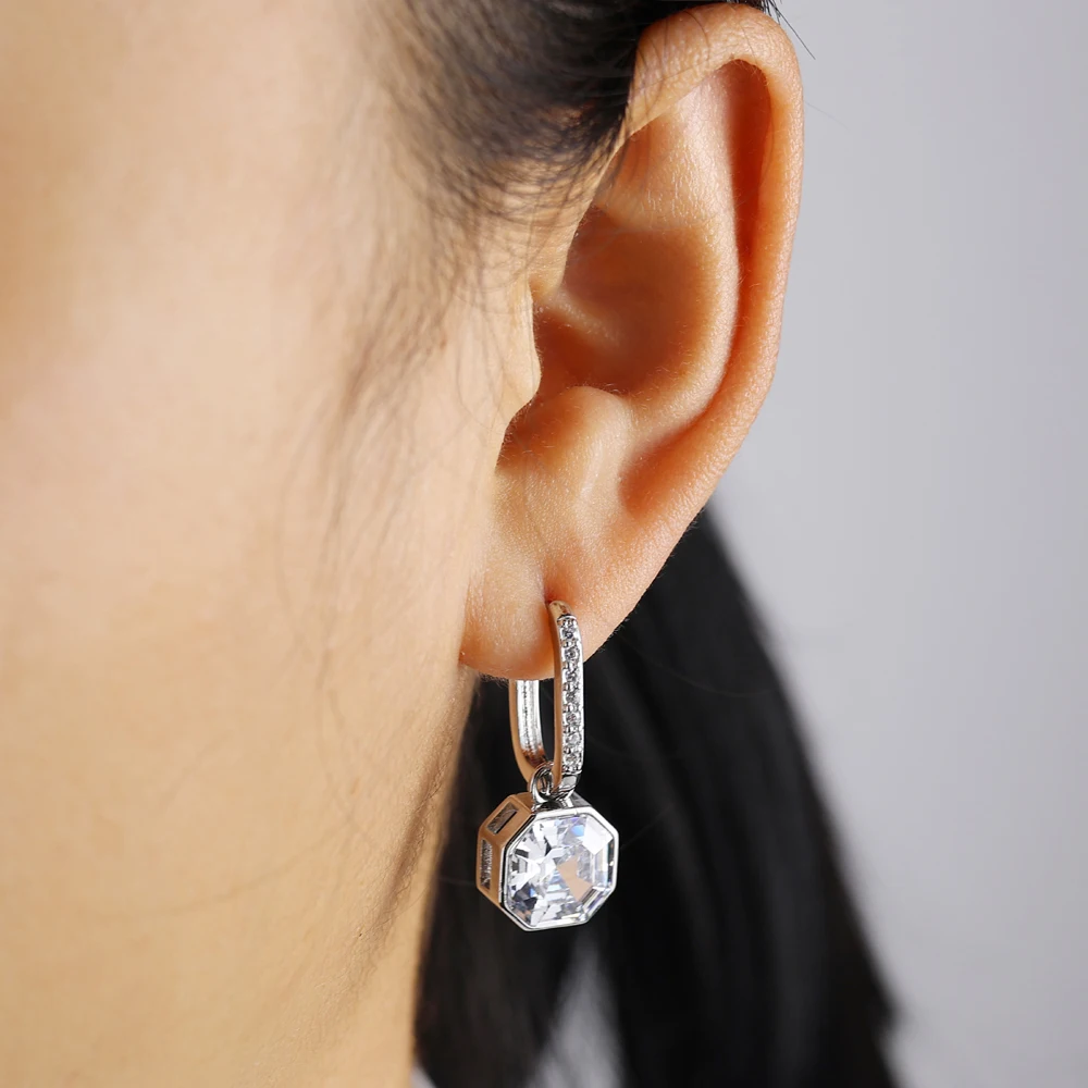 Rhombus Sparkling Cubic Zircon Drop Earrings for Women Gold Silver Color Circle Hoop Fashion Jewelry Claasic Gift Wedding