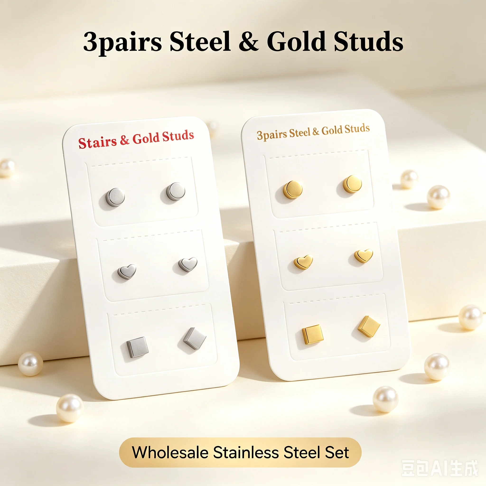 Wholesale Bulk 3Pairs Silver Gold Stainless Steel Geometric Stud Earrings Mini Circle Heart Square Anti-allergy Piercing Jewelry