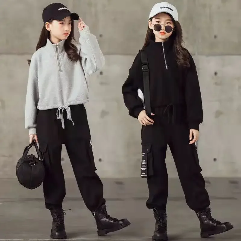 

Girls Spring Autumn Suits 2024 New Personality Girls Clothing Children's Turtleneck Top + Overalls 2Pcs/Set Sport Girls Outfits