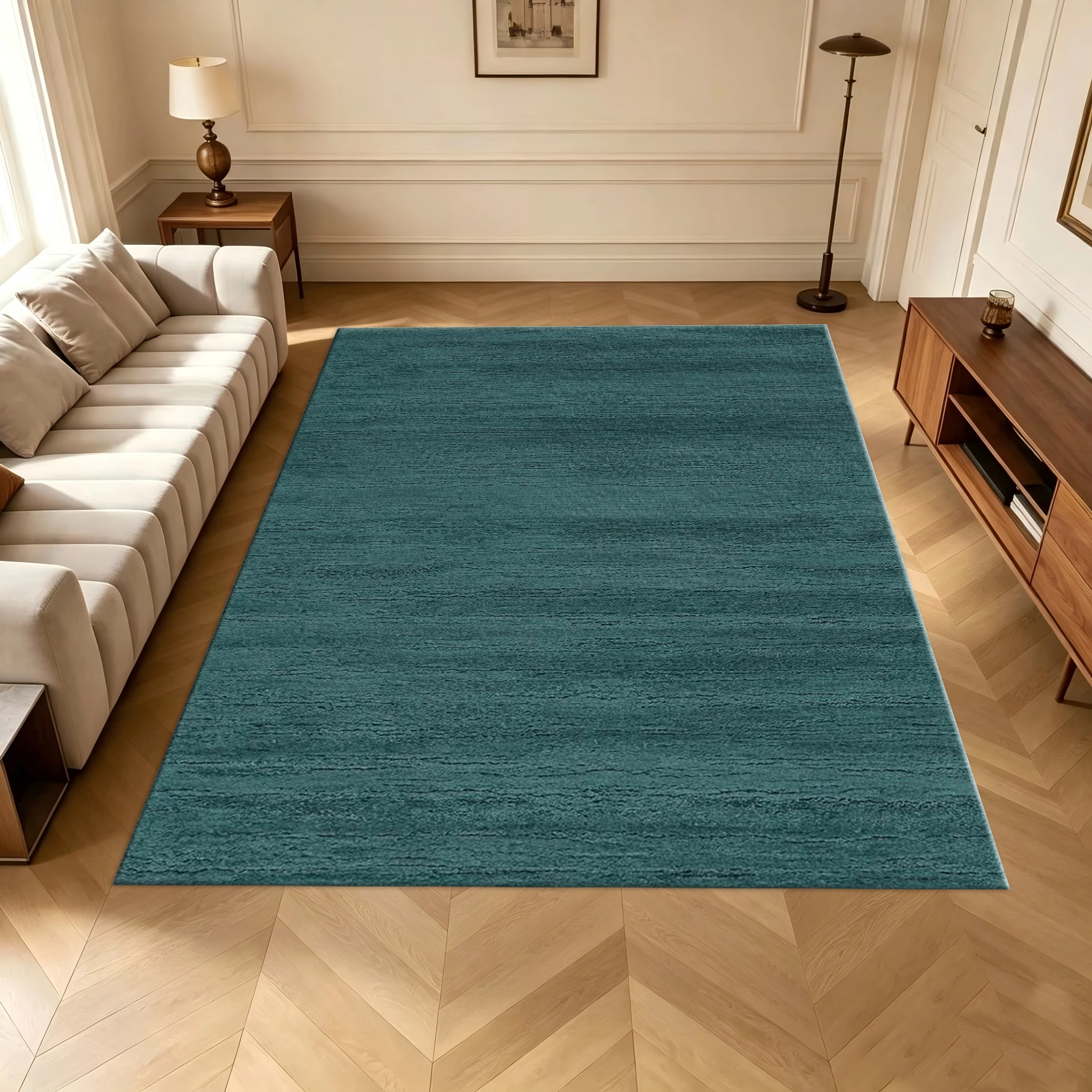 Blue Solid Color Vertical Texture Carpet, Simple Solid Color Carpet for Flooring, Living Room, Bedroom, Home Decoration