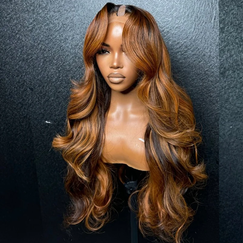 Super Orange Brown mix 1x4 V Part Wigs Virgin Human Hair open no lace 1x4 U Part Wig  Glueless natural body wavy Full End 250%