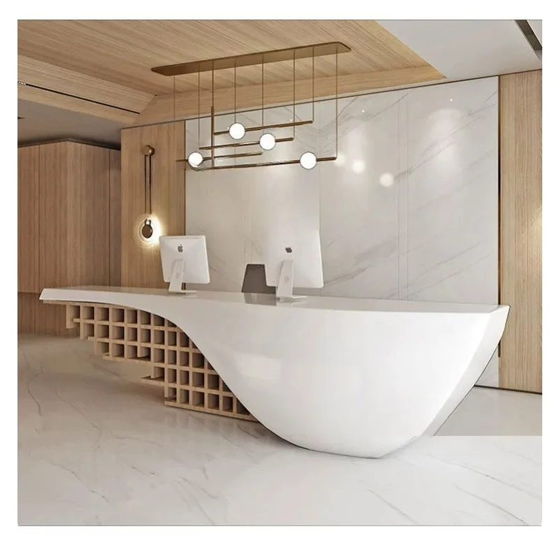 Painted fiberglass reception front desk, styling design bar beauty salon checkout page