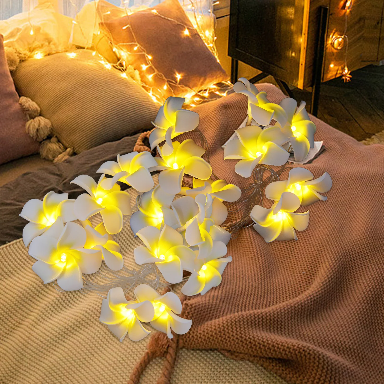 

1.5m LED Artificial Plumeria Flower String Light 10 LED Lamps Powered Warm White for Wedding Birthday Party Deck Decor