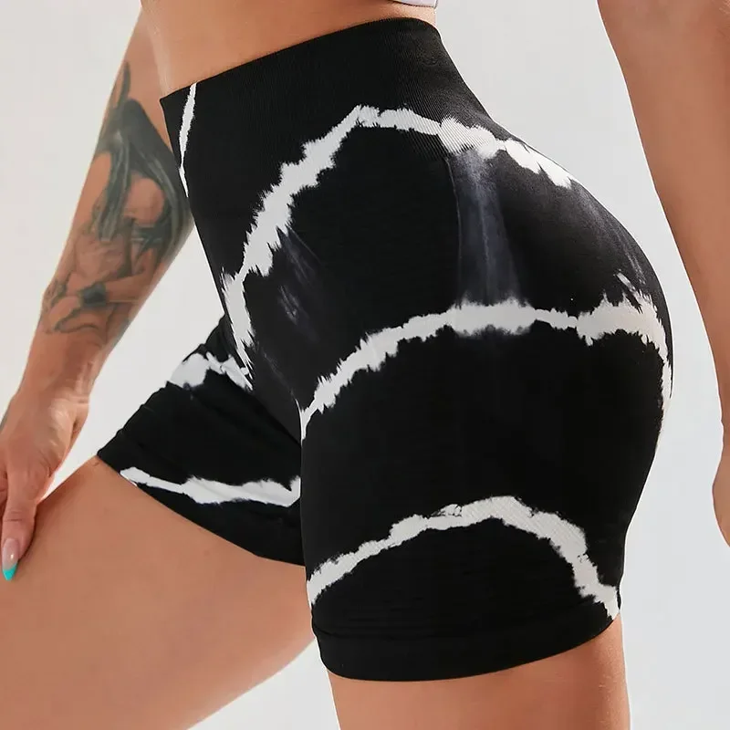 Women Sports High Waist Shorts Tie Dye Slim Leggings Gym Workout Running Sexy Butt Lift Shorts Seamless Yoga Fitness Short Pants