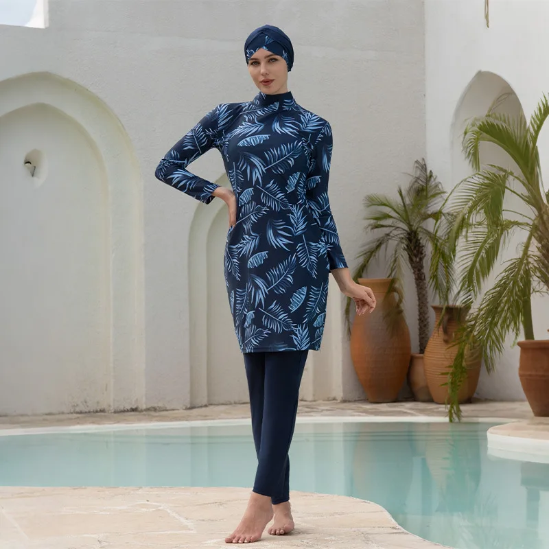 New 4‑Piece Modest Muslim Swimsuit Burkini Leaf Print Drawstring Waist Long‑Sleeve Conservative Beach Pool Bathing Suit Swimwear