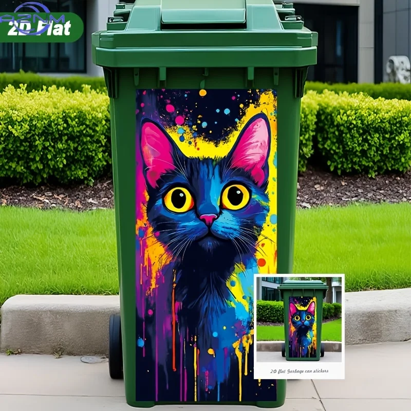 1pc 2D Vibrant Cat with Colorful Splash Art Garbage Can Stickers, easy to stick, self-adhesive without glue, durable and high-