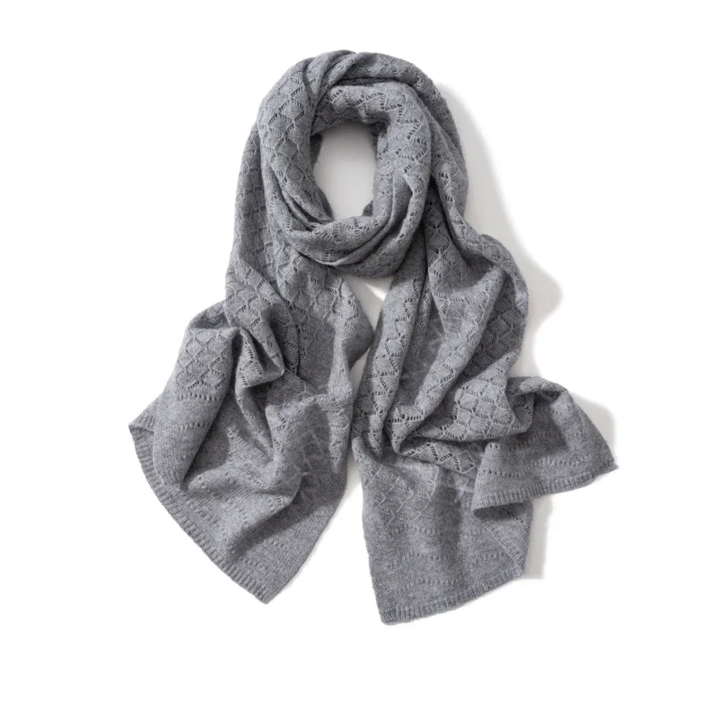 Bufanda 100% de Cachemira de Color liso para mujer, pañuelo tejido con rejilla hueca a prueba de viento, elegante pañuelo con textura bordada para banquete de mujer