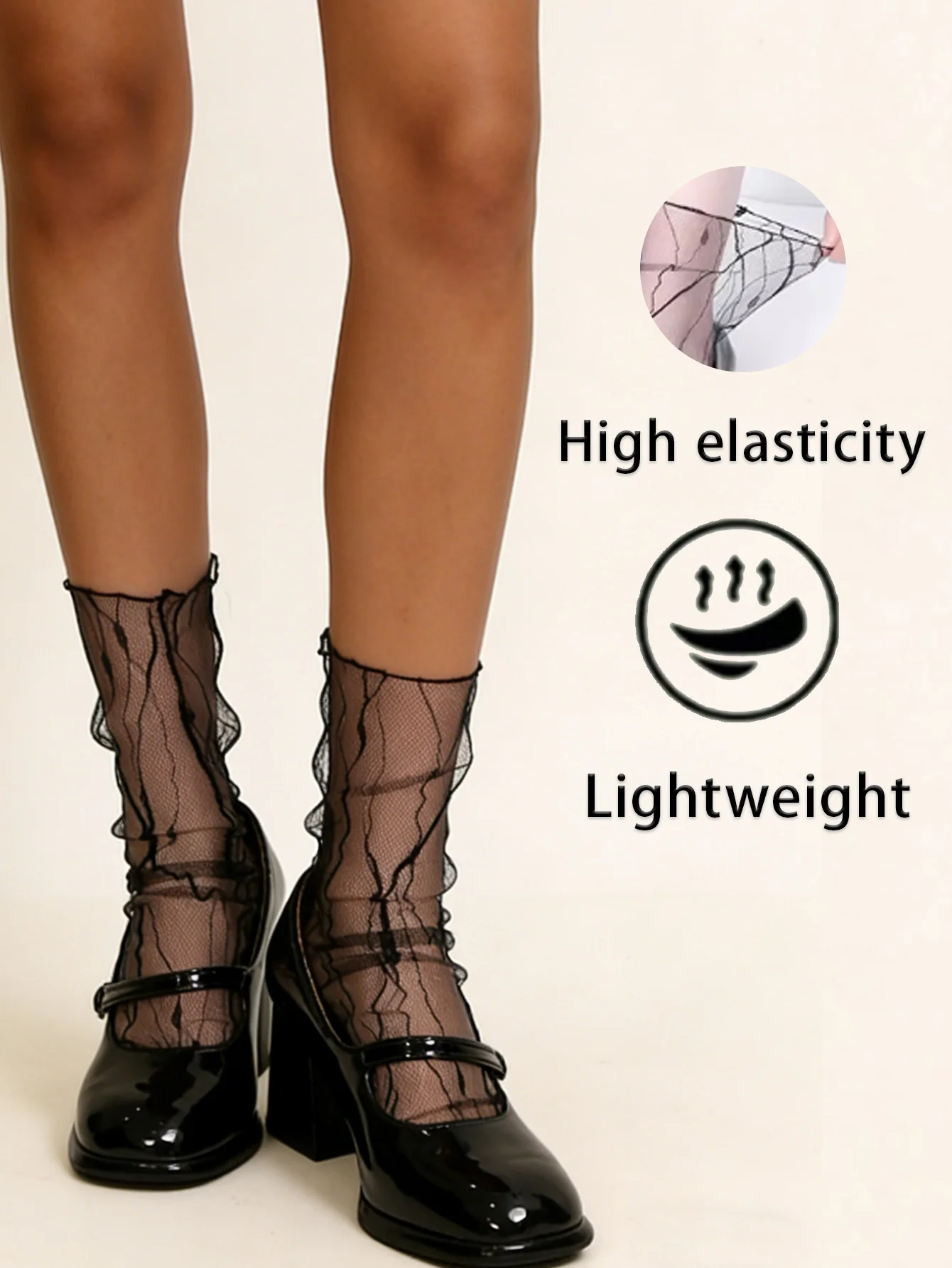 Women's Sheer Mesh Ruffle Trim Ankle Socks, Black High Elasticity Lightweight Transparent Hosiery for Summer & Daily Outfits