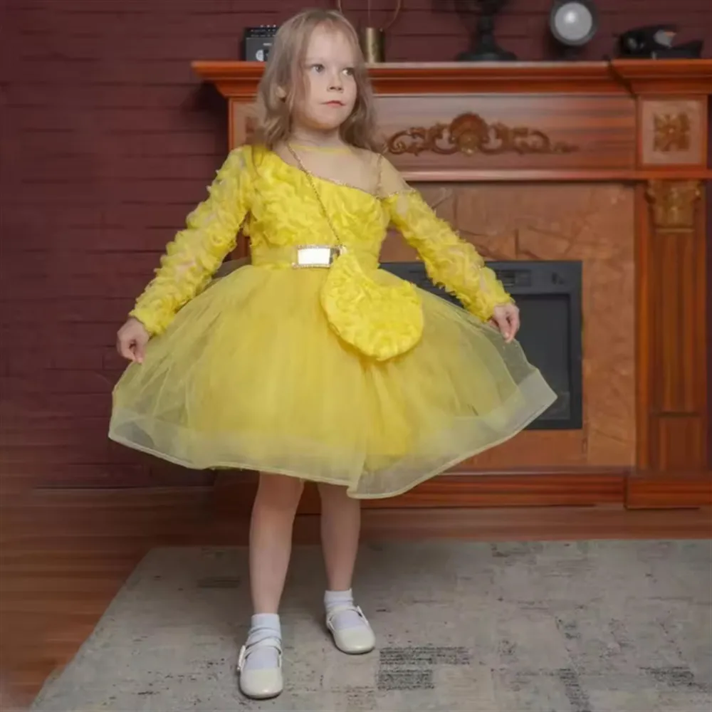 

Elegant Princess One Shoulder Flower Girl Wedding Dress Full Sleeve Bow Belt Kids Birthday Party First Communion Gown Customized