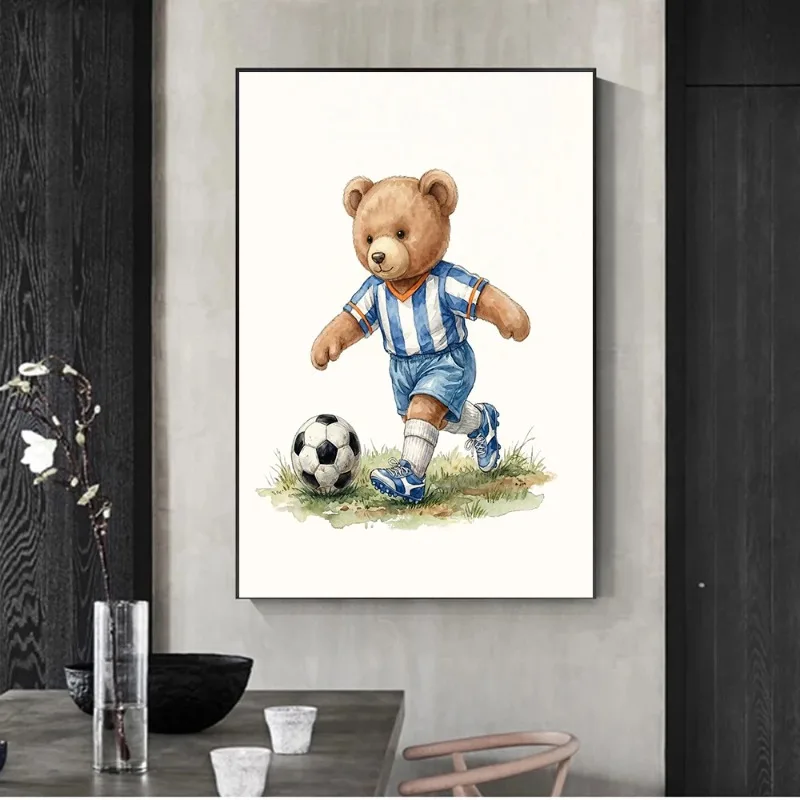 Cute Teddy Bear Sports Nursery Art Prints 8Pcs Football Baseball Basketball Soccer Golf Tennis Hockey Badminton Boys Room Decor