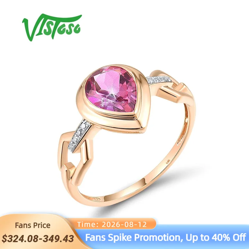 VISTOSO Genuine 14K 585 Rose Gold Ring For Women Sparkling Pink Topaz Diamond Trendy Wedding Party Gifts Fine Jewelry