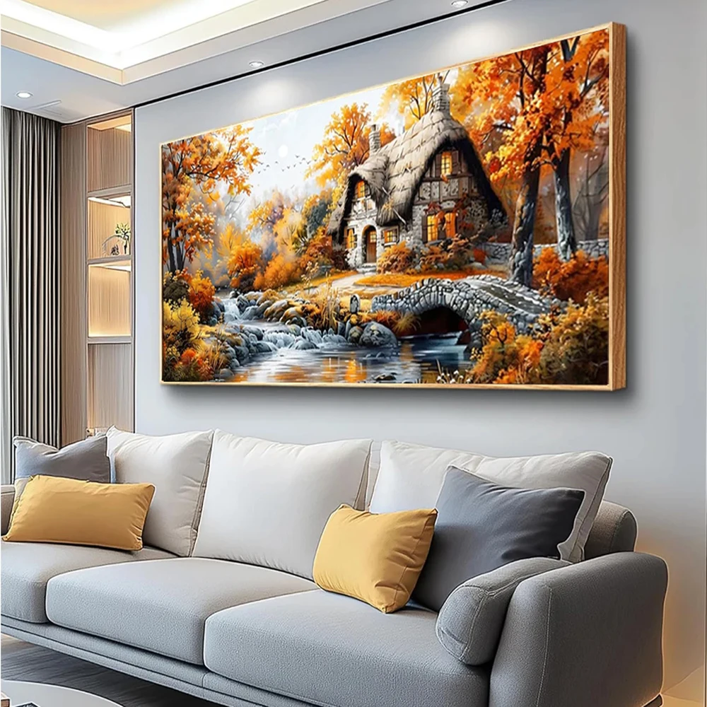 Autumn Cottage River Landscape Full Diamond Painting Farmhouse Pictures River Stone Bridge Diamond Embroidery Mosaic Home Decor