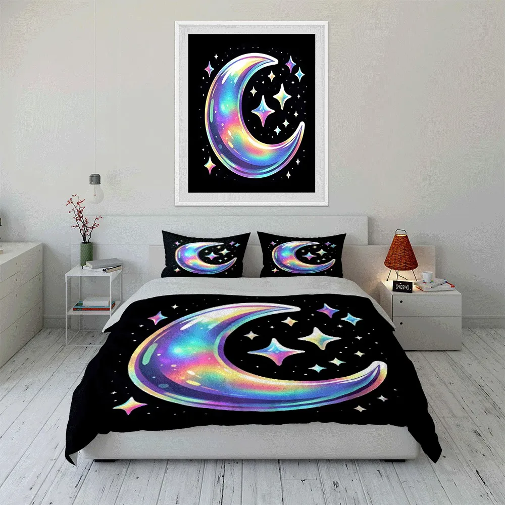 Glowing Crescent Moon Night Decor Exquisite three-piece bedding set gift for kids and adults