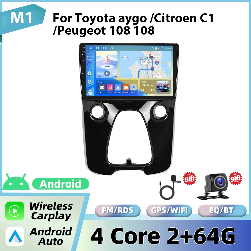 Podofo 10'' autoradio voor Toyota Aygo 2015/Citroën C1 2020/Peugeot 108 draadloze CarPlay Android autoradio WIFI GPS 2din radio