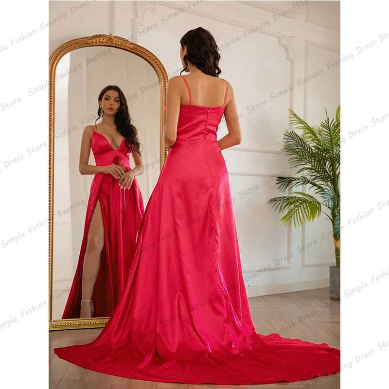 A-Line Satin Prom Dresses Side Split Women Sexy Deep V-Neck Robe Fashion Celebrity Evening Gowns Cocktail 2023 Vestidos De Noche