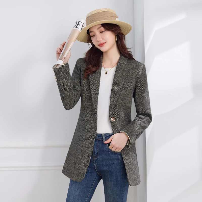 Spring Autumn Women Blazers Formal Jacket Single Button Mid Long Casual Suit Tops Versatile Elegant Ladies Coat Female Outerwear