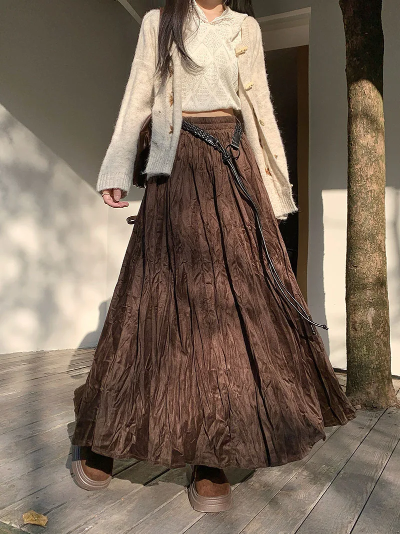 

High Quality Pleated Skirt Women Korean Fashion Elastic High Waist Long Skirt Female Fall Chic A-line Black Maxi Faldas 2025