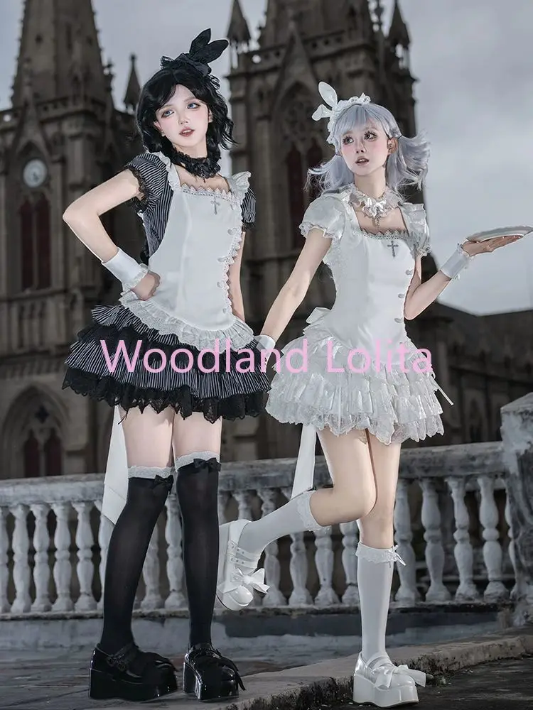 Summer Japanese Dark Goth Two Piece Set Women's Lace Apron + Elastic Waist Fluffy Dress Subculture Y2K Yami Kawaii Set Jirai Kei