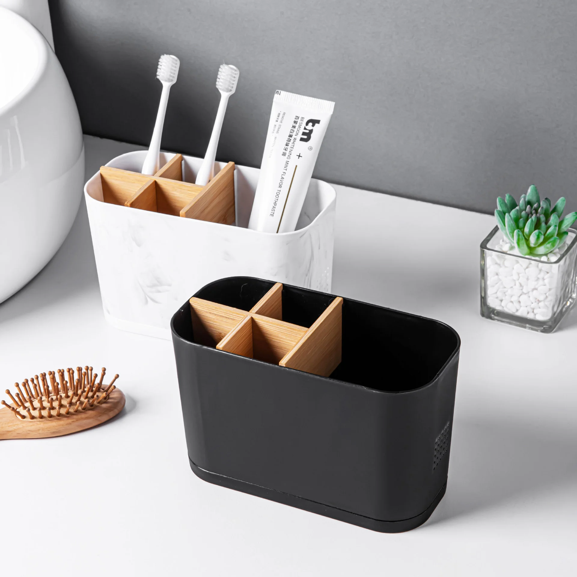 QA Bathroom Electric Tootbrush Holder Organizer with Drain Tray, Toothpaste & Makeup Storage Rack, Countertop Organizer