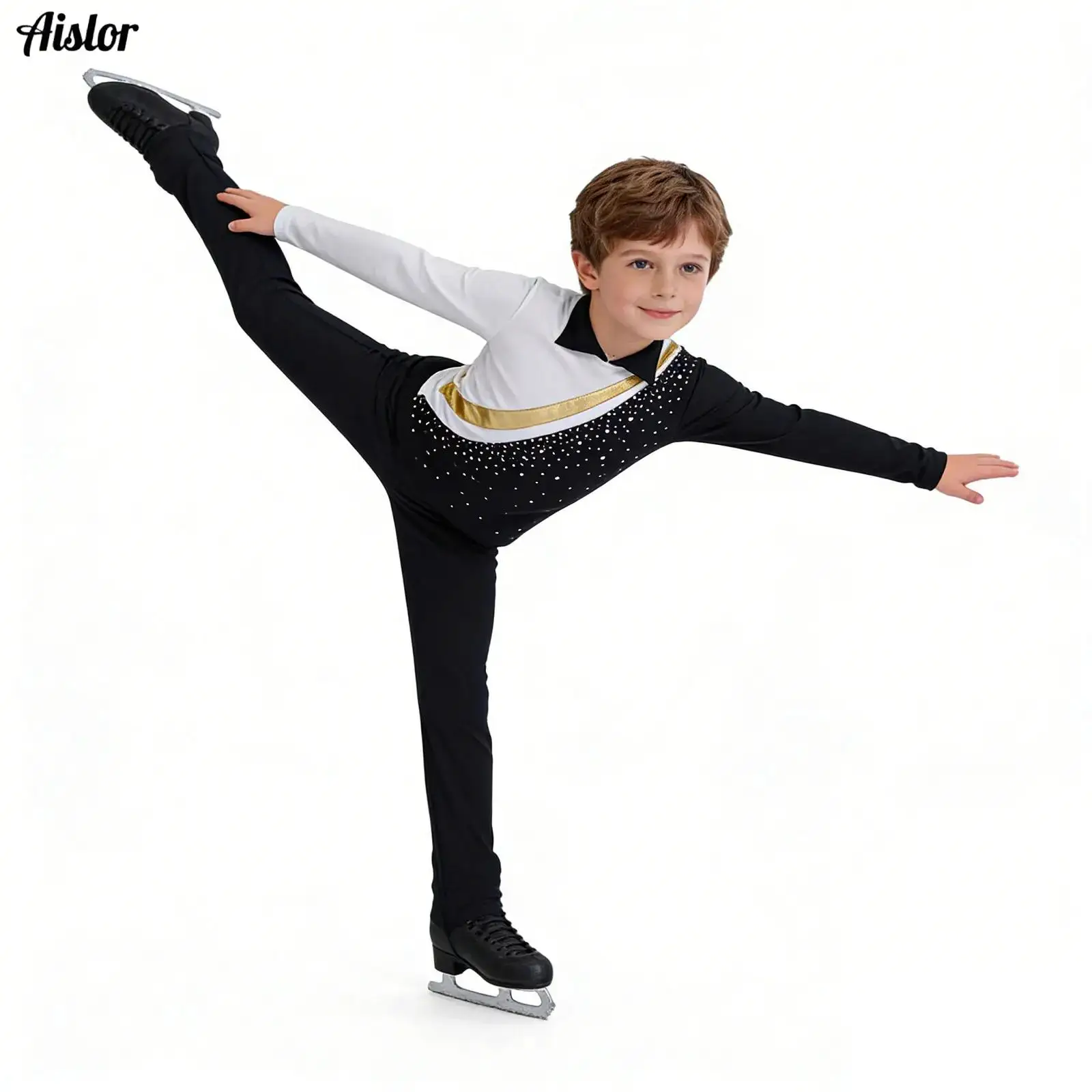 

Kids Boys Rhythmic Gymnastics Jersey Tops Figure Skating Long Sleeve Contrast Color Shiny Rhinestones Top for Dance Practice