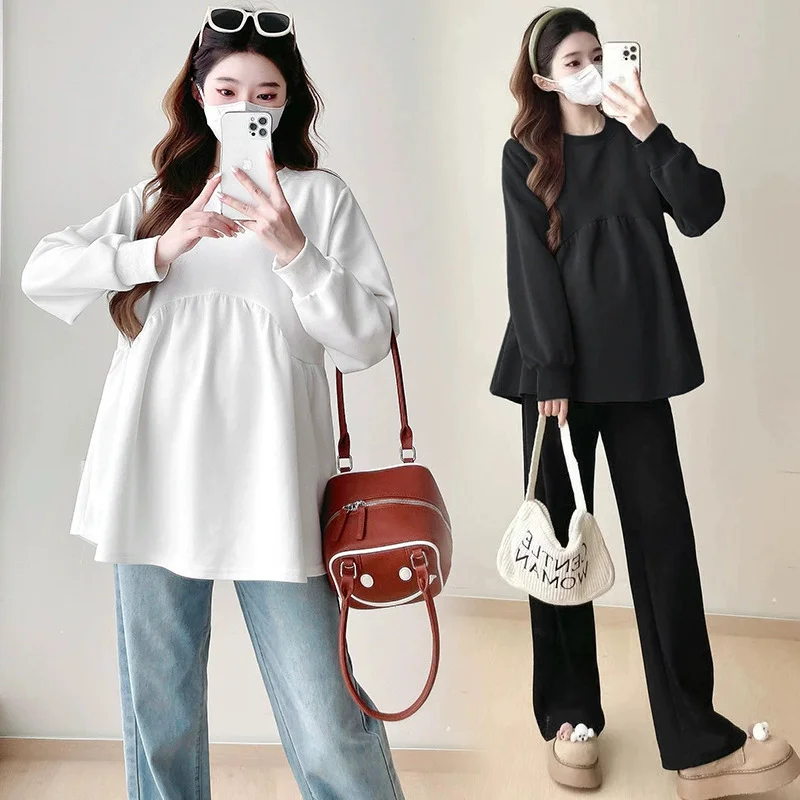 

Модная однотонная футболка для беременных с длинным рукавом, вырезом «сердечко», круглым вырезом и ребристой текстурой, осенне-зимняя, для будущих мам