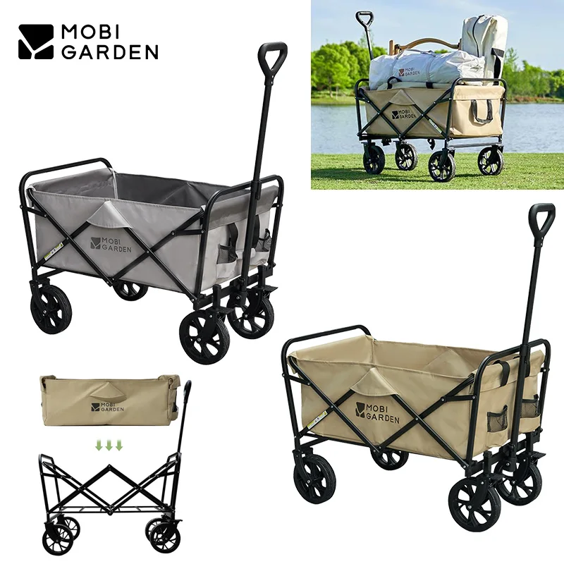 MOBI GARDEN 100L Folding Trolley 600D Oxford Camping Outdoor Large Capacity Cart Wagon Travel Portable Handcart Bearing 125KG