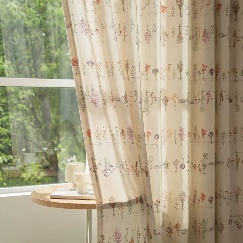 Floral Plant Patterned Curtains, Semi-shade Hanging Rod Curtains Without Holes, Semi-transparent Door Curtains