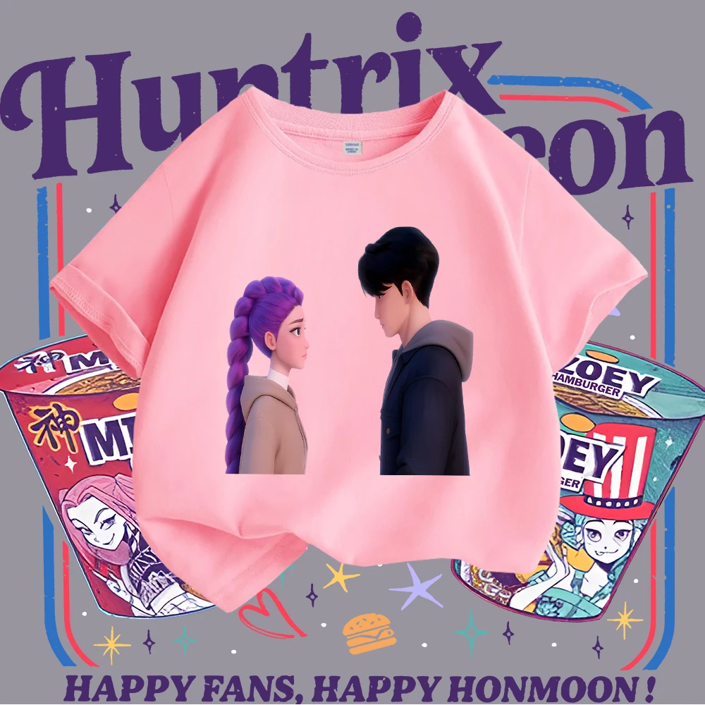 

Kids KPOP Y2K Style Graphic T Shirt Featuring Mira Rumi Zoey Noodle Eating Cartoon Characters Fun Trendy Casual Tee for Girls