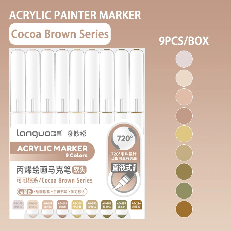 Languo 9 stks/doos Zachte Borstel Acryl Marker Pen Set, DIY Handgetekende, Verf Art Markers pennen, Student Graffiti Acrylverf Pennen, M720