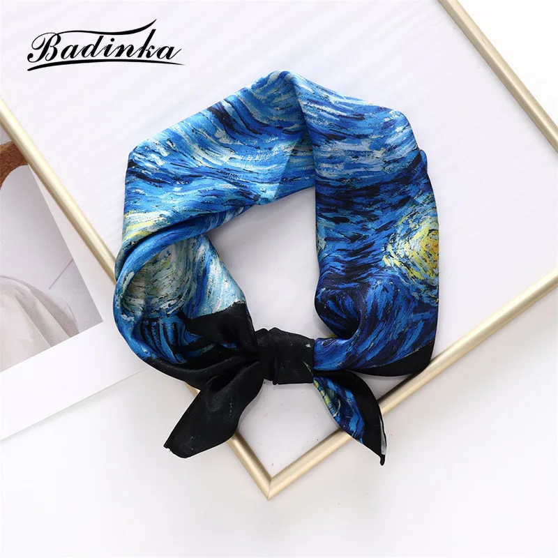 2022 New Women's Van Gogh Oil Painting Silk Square Scarf Bandana Headscarf Women Design Bag Scarf Hair Head Scarves Handkerchief