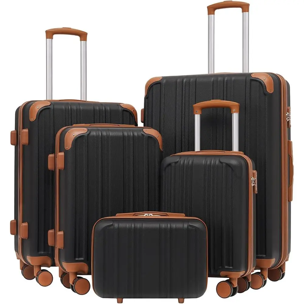 

5-Piece Durable ABS Hardshell Luggage Set with Spinner Wheels, TSA Lock, and Zipper - Apricot Black