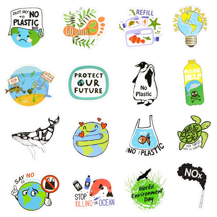 50 PCS Environment Green Stickers Gift Protect the Earth Publicity Cartoon Waterproof Stickers for Kid DIY Bike Laptop Car Decal