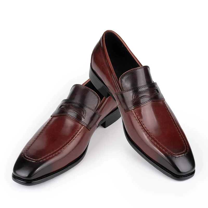 

Leather Casual Men Shoes Genuine Cowhide Slip on Fashion Luxury Handmade Business Formal Dress OfficeShoe Wine Red