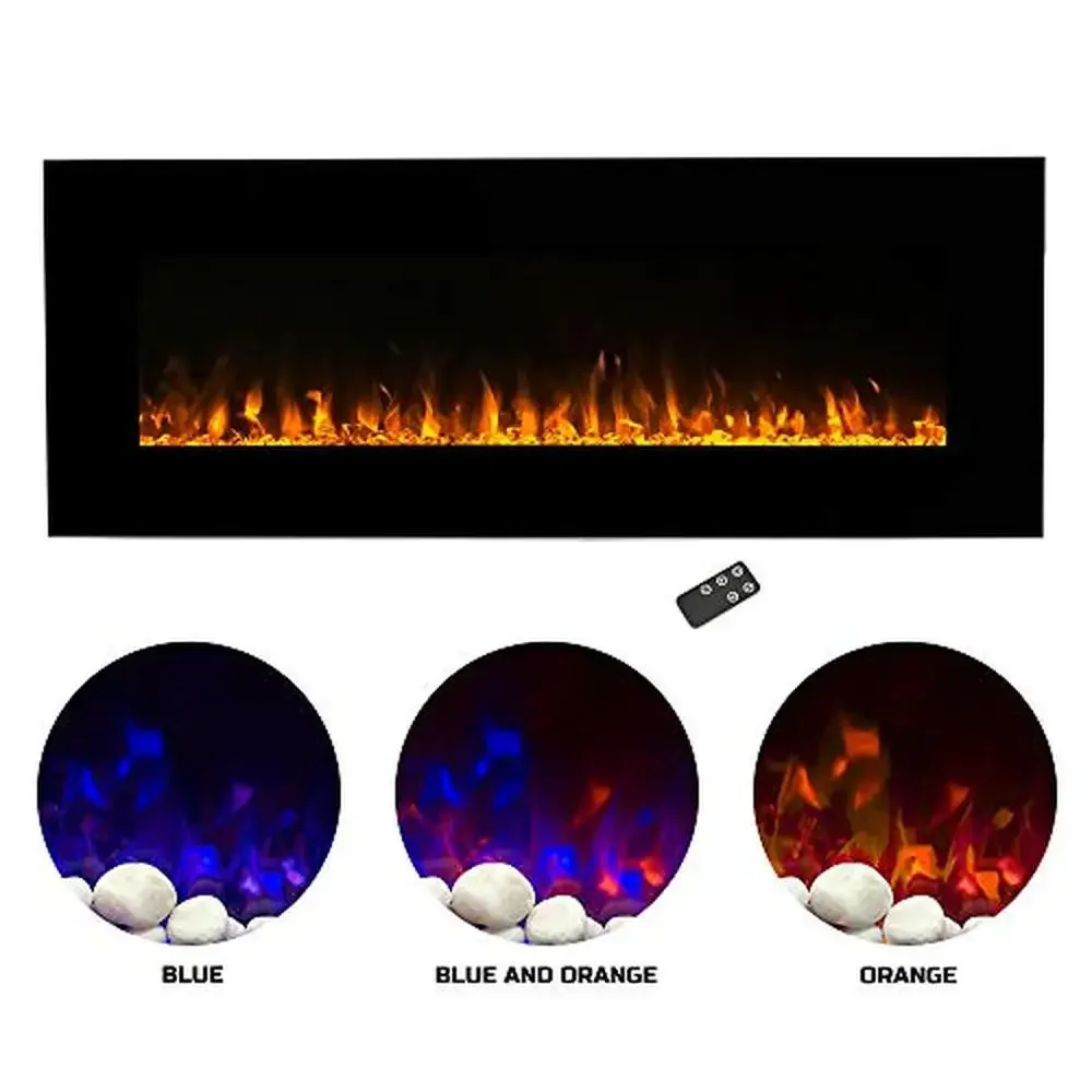 54" Black Wall Mounted Electric Fireplace Heater Remote Control LED Flame Timer Heat Modern Home Decor Functional 750/1500W