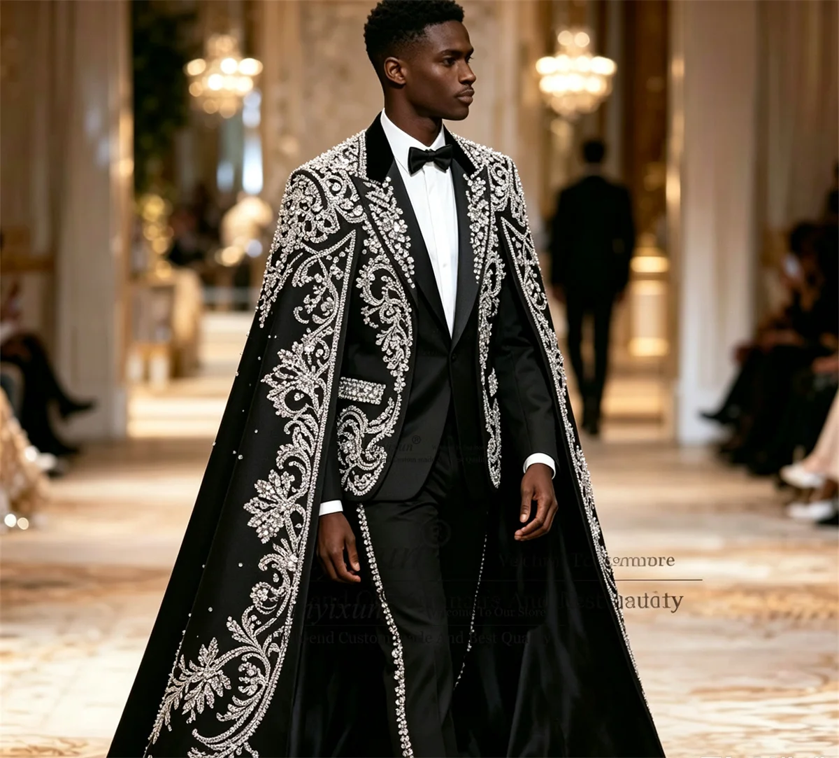 Luxury Rhinestone Crystal Men Suits With Cape Customized Groom Party Male Blazers 2 Piece Sets Tuxedos Wedding Party Ropa Hombre