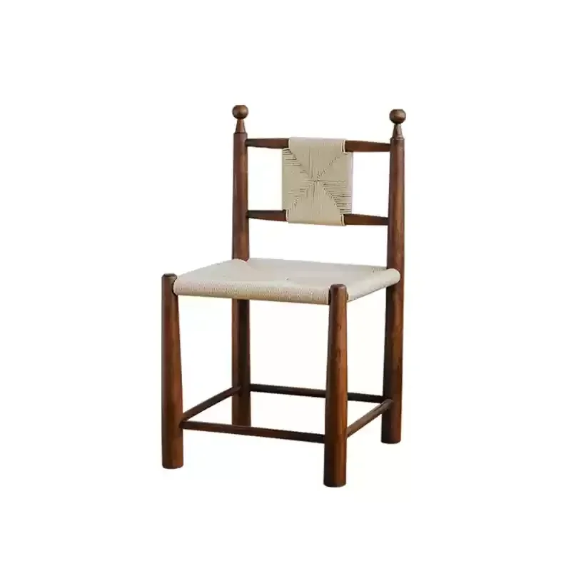 Mittelalterlicher Massivholz-Seilstuhl, Café, lässiger Esszimmerstuhl mit Rattan-Rückenlehne