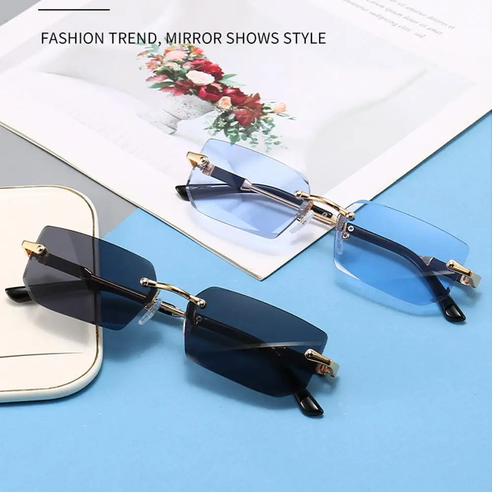 Retro Rimless Sunglasses for Women Men Trendy Frameless Rectangle Sun Glasses Retro Shades Fashion Summer Travel UV400 Eyewear image 2